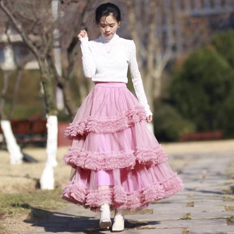 ティアードレーススカート プリーツメッシュスカート ボリューム