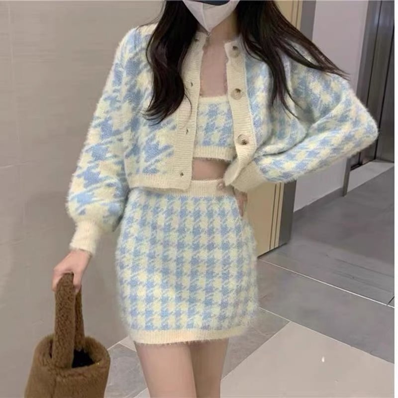 チェック柄カーディガン＆スカートセット セットアップ】チェック柄 カーディガン＋ミニスカート SET UP