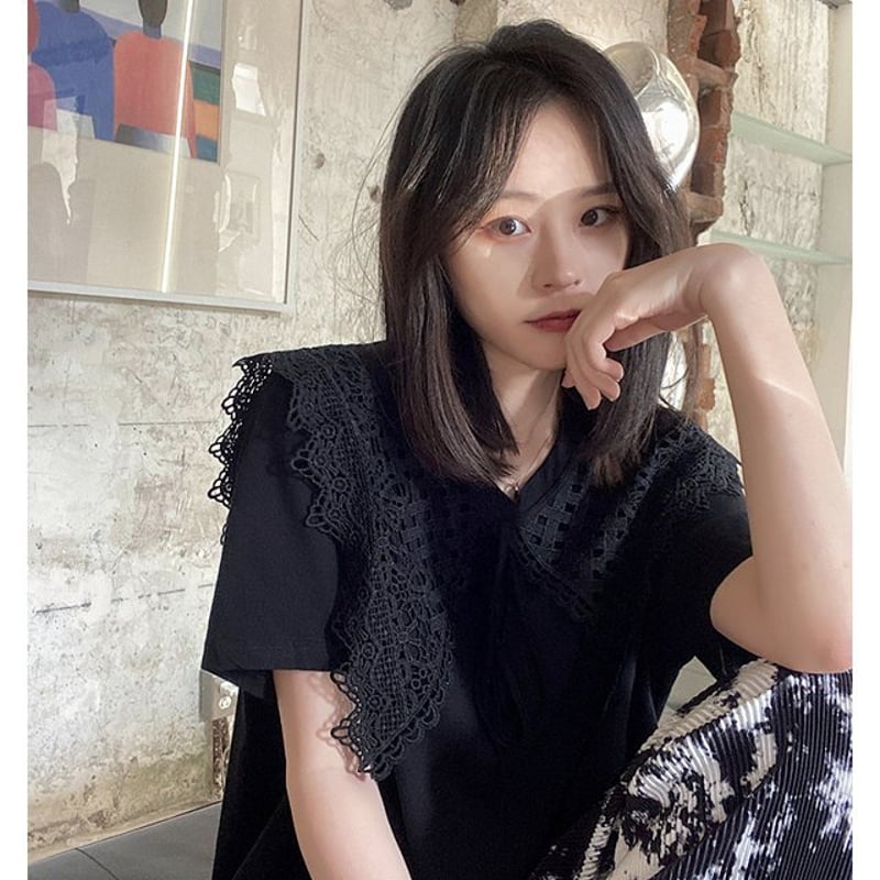 レースカラー半袖Tシャツ トップス カットソー 半袖Tシャツ レース襟