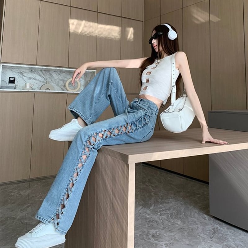 サイドレースアップジーンズ ストレートジーンズ. レースアップ サイドレースアップジーンズ ストレートジーンズ. レースアップ