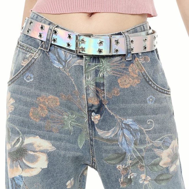 フラワーデザインデニムパンツ花柄総柄バギージーンズフローラルプリント Used フローラル フラワープリント 総柄 ルーズシルエット