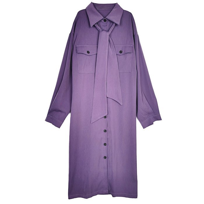 パープル シャツワンピース 長袖 ウエストリボン付き パープル シャツワンピース 長袖 ウエストリボン付き
