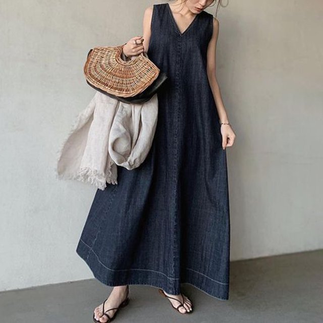 Massimo Dutti☆おしゃれvネックリネンデニムロングワンピース fit=scale-down,w=1200