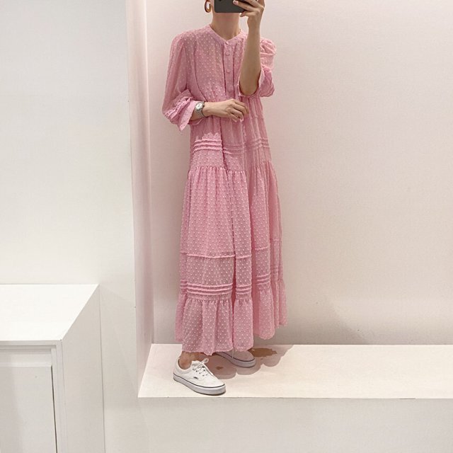 ドット柄シースルーワンピース ロングワンピース ドットワンピース