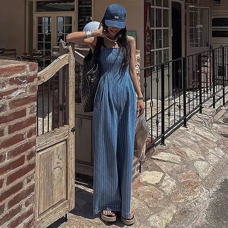 ストライプサロペット レディース サロペット オールインワン キャミ