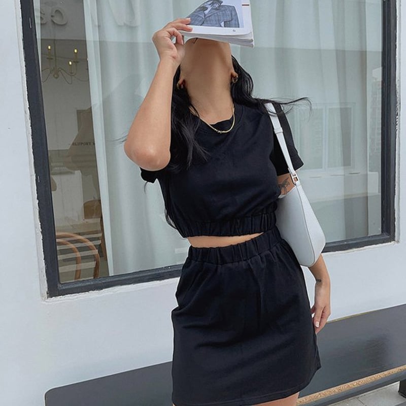 セットアップ】半袖トップス+ハーフスカート ツーピース ミニ セットアップ】半袖トップス+ハーフスカート ツーピース ミニ