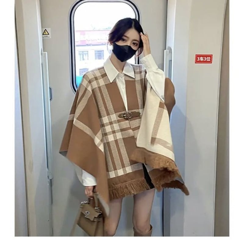 チェック柄ニットケープ ポンチョ ケープ ミリタリー風 チェック柄ニットケープ ポンチョ ケープ ミリタリー風