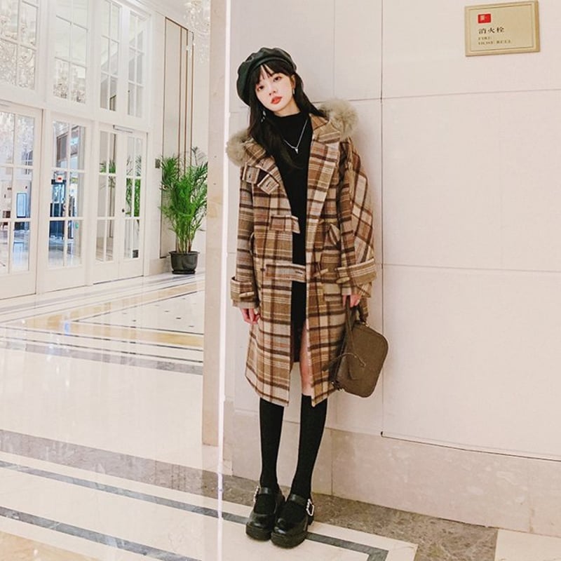 フード付き チェック柄 ウールコート ジャケット コート アウター 秋冬