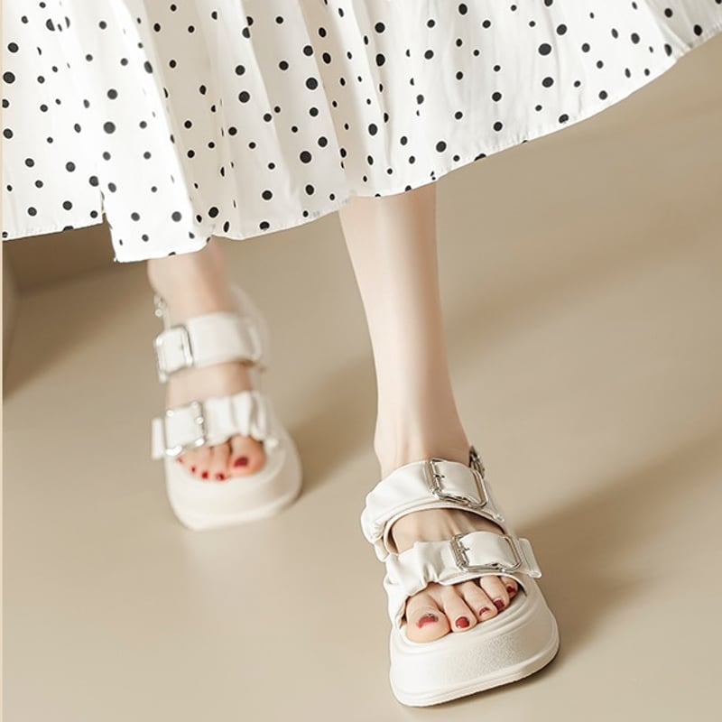 ダブルベルトギャザーサンダル ダブルバックルサンダル 厚底