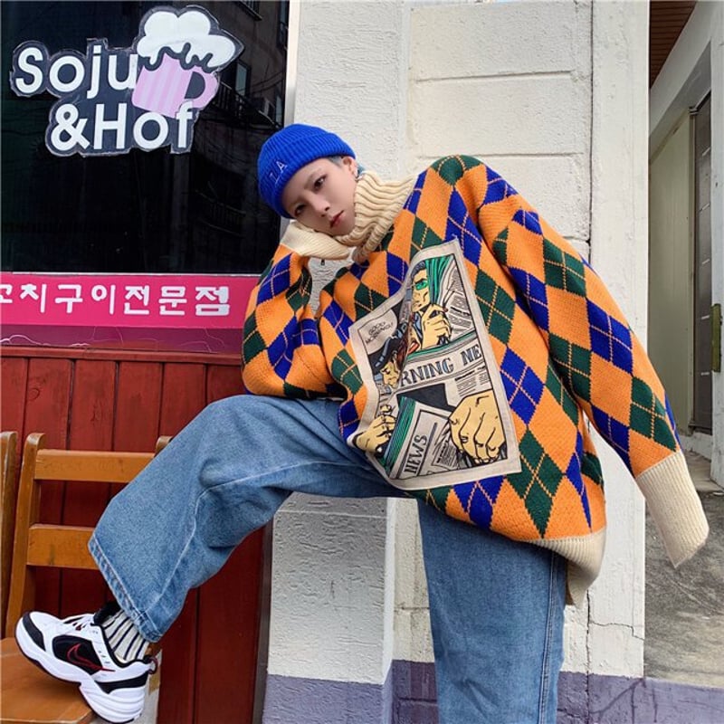 ダイヤモンド格子ハイネックセーター アニメプリント ルーズ セーター