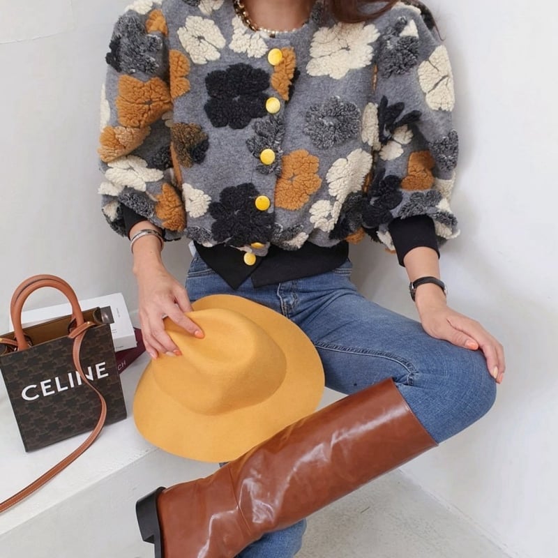 立体フラワーボアニットカーディガン ニットカーディガン カーディガン