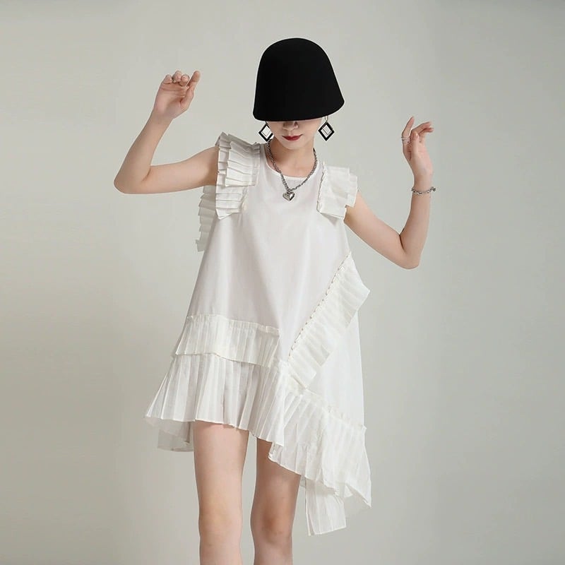 プリーツフリルワンピ 袖なし チュニック ひらひら フリル