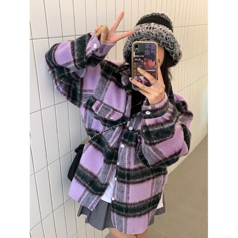 パープルチェック柄シャツジャケット ウールシャツ テーラード