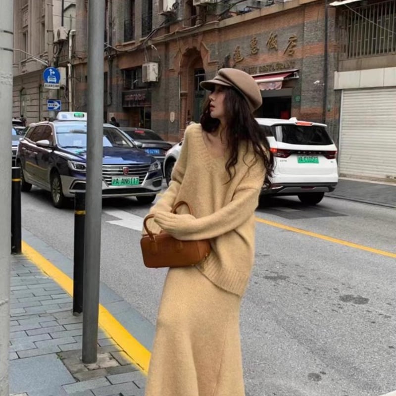 セットアップ】Vネックニット＋ニットスカート ニットアップ set up