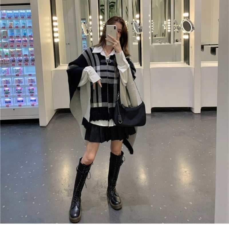チェック柄ニットケープ ポンチョ ケープ ミリタリー風