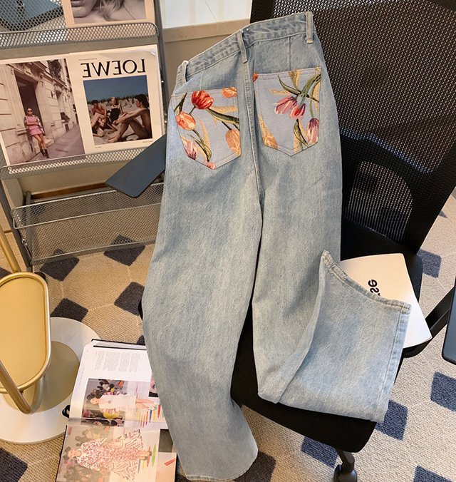 お花ハイウエストデニムパンツジーパン春秋おしゃれ チューリップポケットデニムパンツ レトロフラワー ハイウエスト