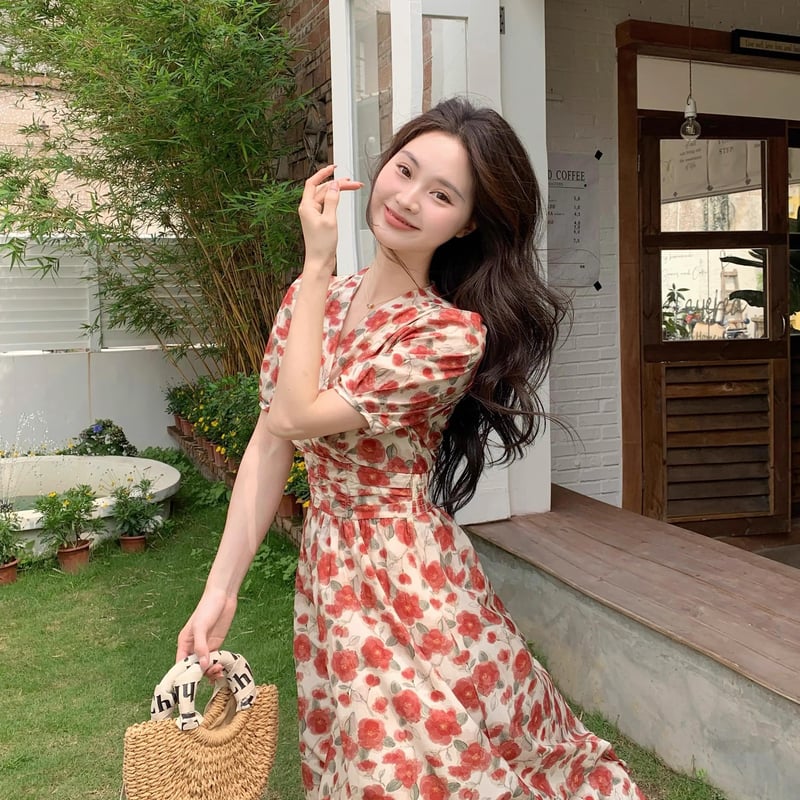 Vネック花柄ワンピース カシュクール 花柄ワンピース 半袖ワンピース V