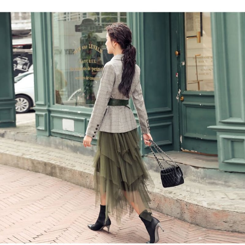 セットアップ】チェック柄ブレザー+シフォンスカート セットアップ】チェック柄ブレザー+シフォンスカート