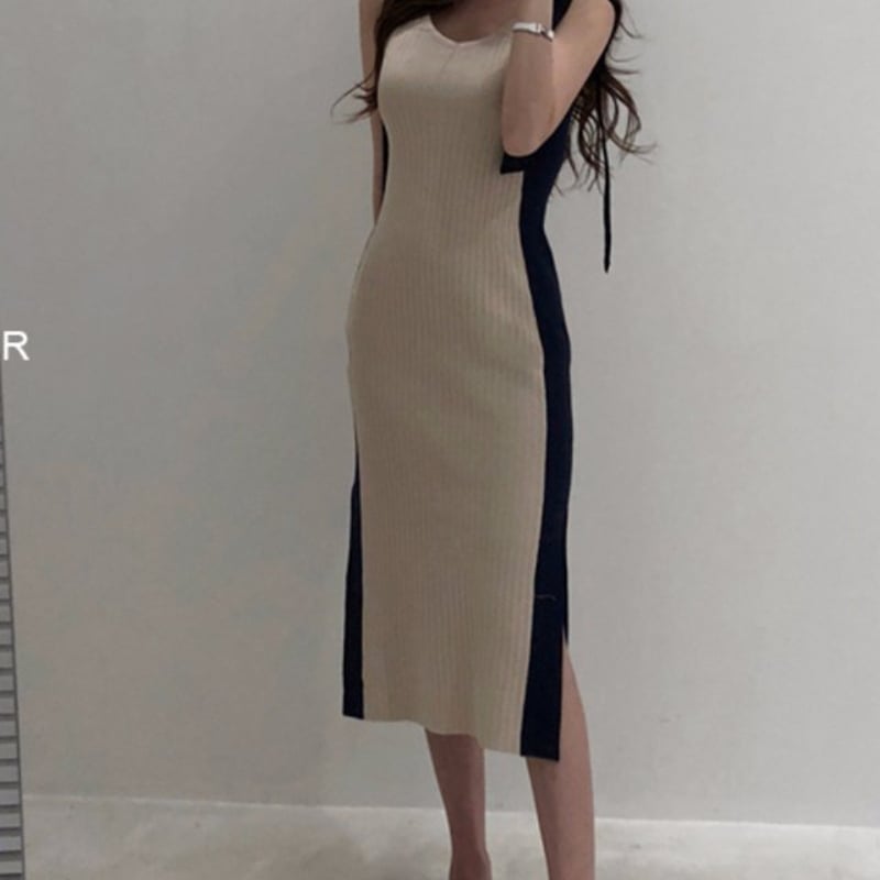 肩紐リボンニットワンピース ノースリーブワンピース ワンピース