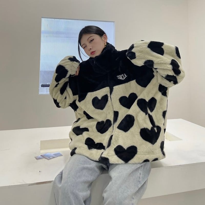 ハート柄 フリースジャケット フェイクファージャンパー ジャケット