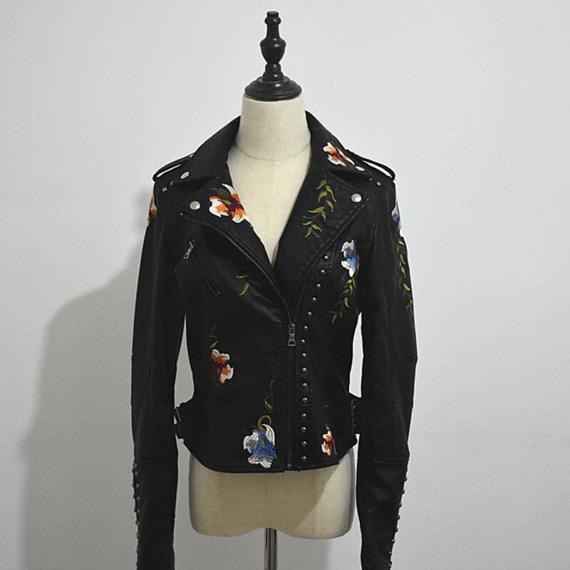 美品✨EMBA レザージャケット　フラワーカットワーク　ワイドシングルライダース フラワー刺繍ライダースジャケット ライダースジャケット PUレザー