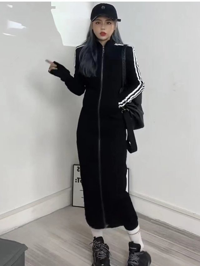 ストライプロングワンピース ダブルジッパー スタンドアップカラー