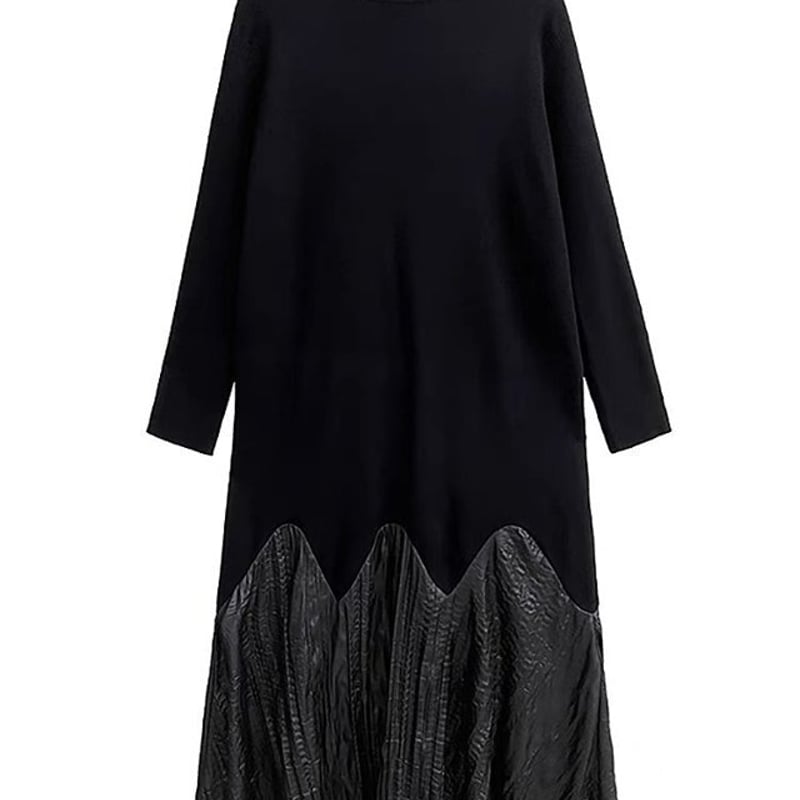 ハイネックゆったり切替ロングニットワンピース ワンピース 黒 ニット