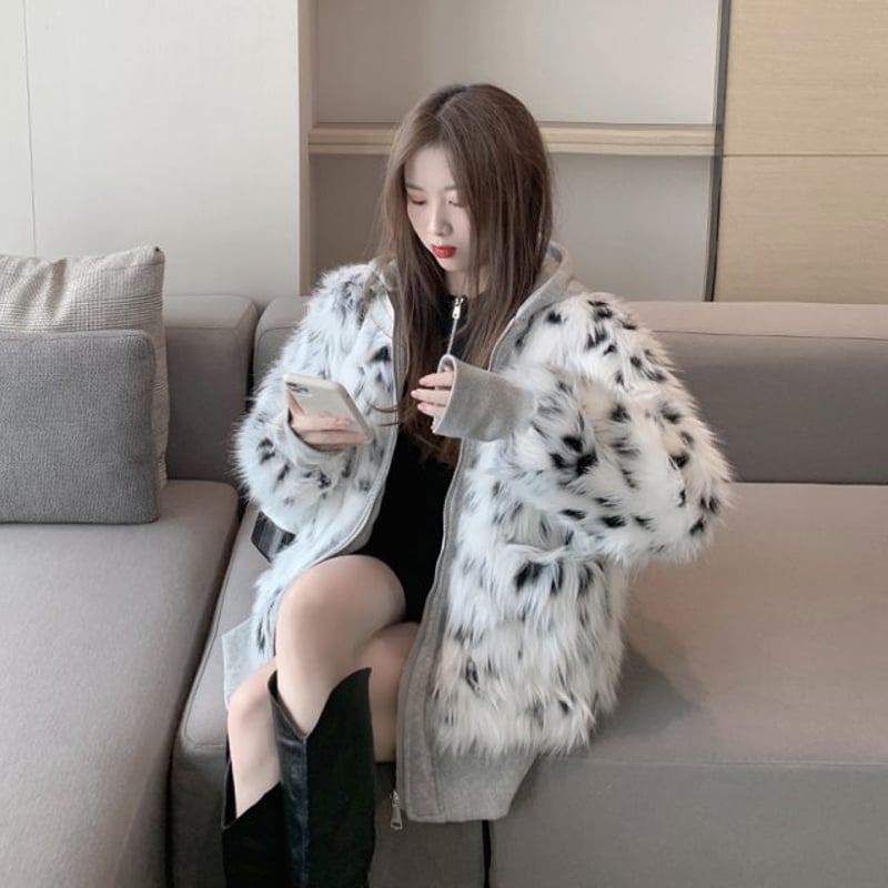 ヒョウ柄 フード付きファーコート レディース 秋 冬 ファー ヒョウ柄 フード付きファーコート レディース 秋 冬 ファー