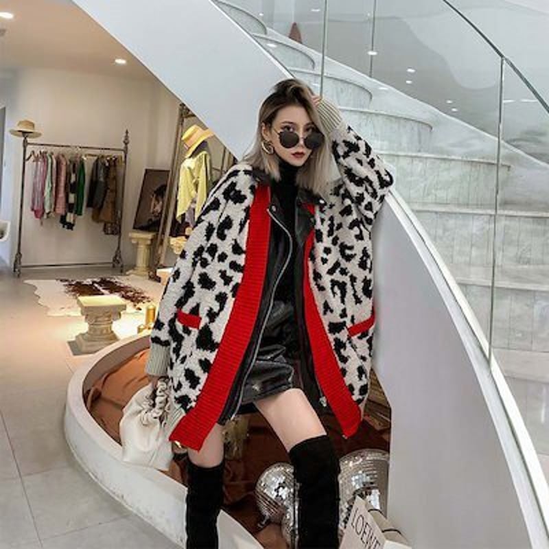 レオパード柄 ライダースニットカーディガン ライダースジャケット