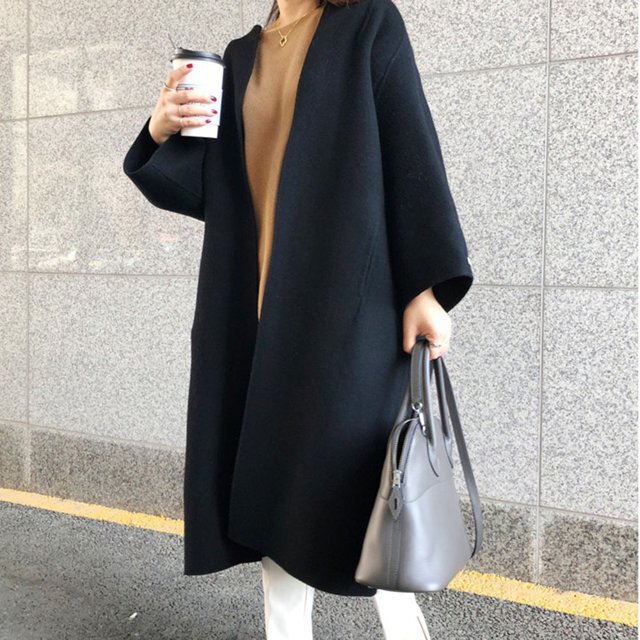 ノーブル　ノーカラー　ウールコート　ゆったり　ミドル丈 ノーブルノーカラーウールコートゆったりミドル丈