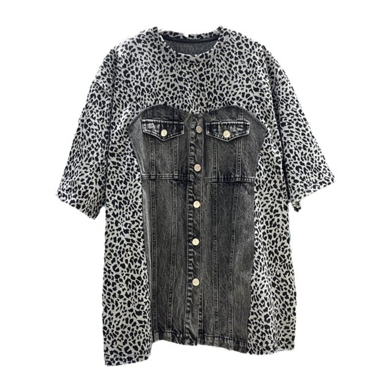 日本未発売】ヒョウ柄Tシャツ ステッチデニム 異素材MIX ワンピース