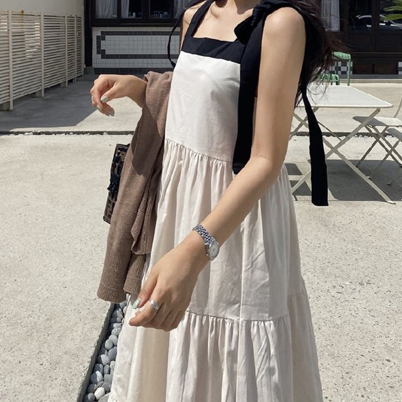 肩紐リボンワンピース ノースリーブワンピース ワンピース サマー