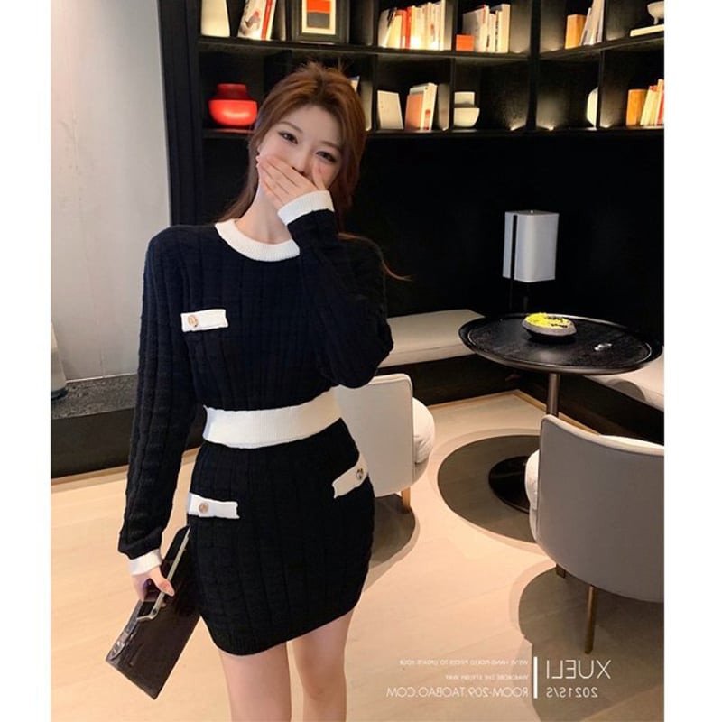 ワッフルニット トップス スカート セットアップ 長袖 トレンド セットアップ】ワッフル風 長袖セーター＋ニットスカート ニット