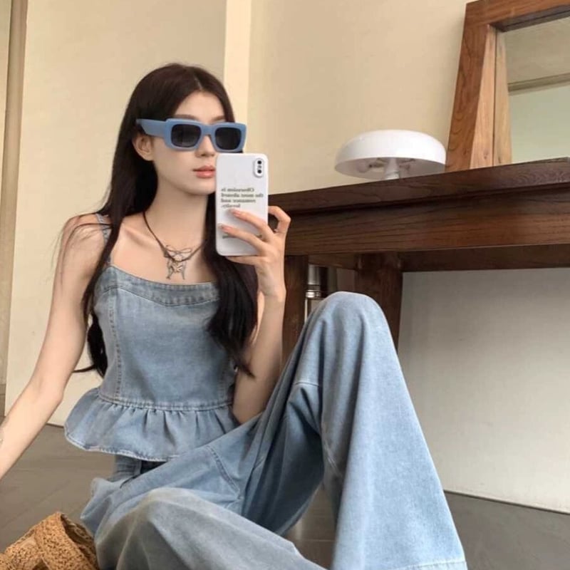 デニムキャミソールとパンツのセット セットアップ】デニムセットアップ 上下セット キャミソール