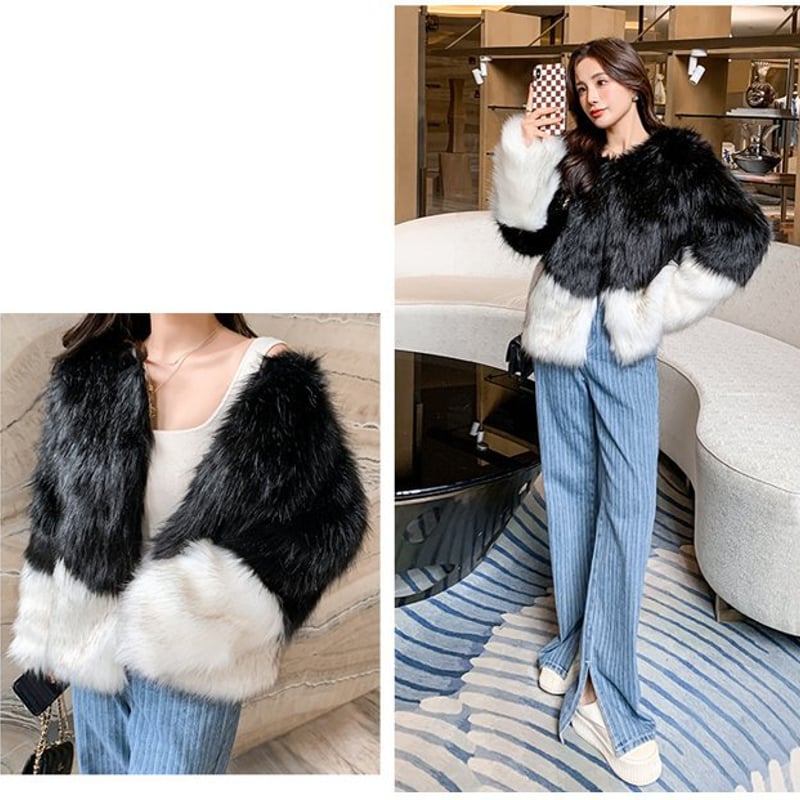 バイカラーファーコート ファーコート 毛皮コート ノーカラー