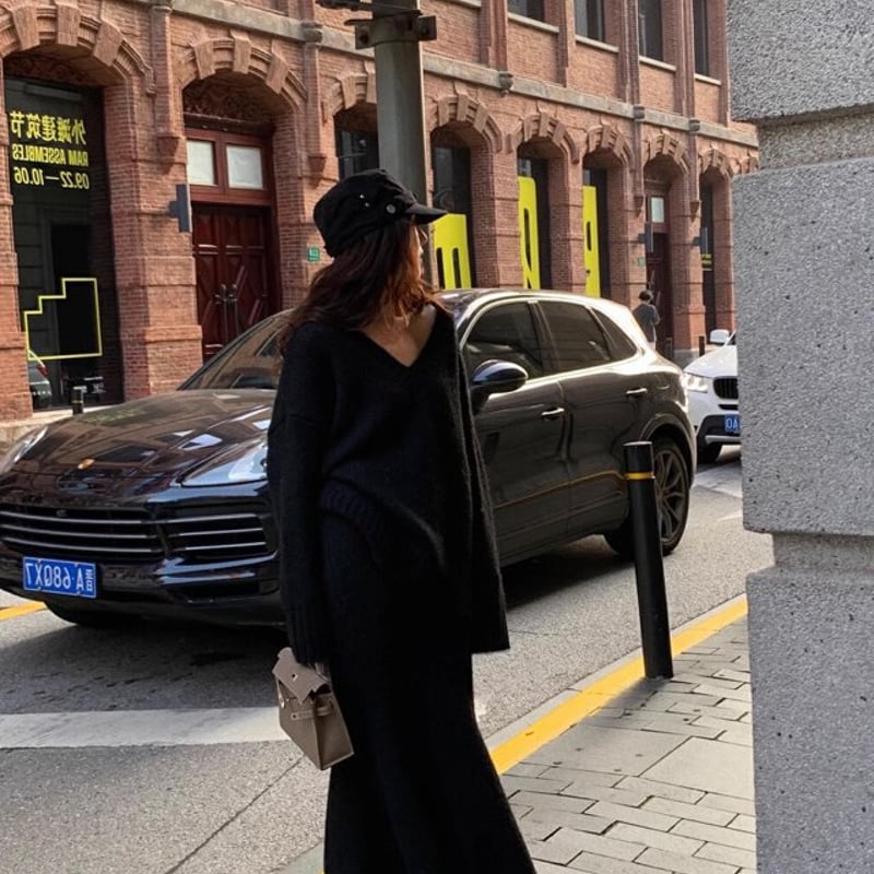 セットアップ】Vネックニット＋ニットスカート ニットアップ set up