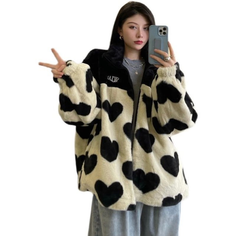 ハート柄 フリースジャケット フェイクファージャンパー ジャケット