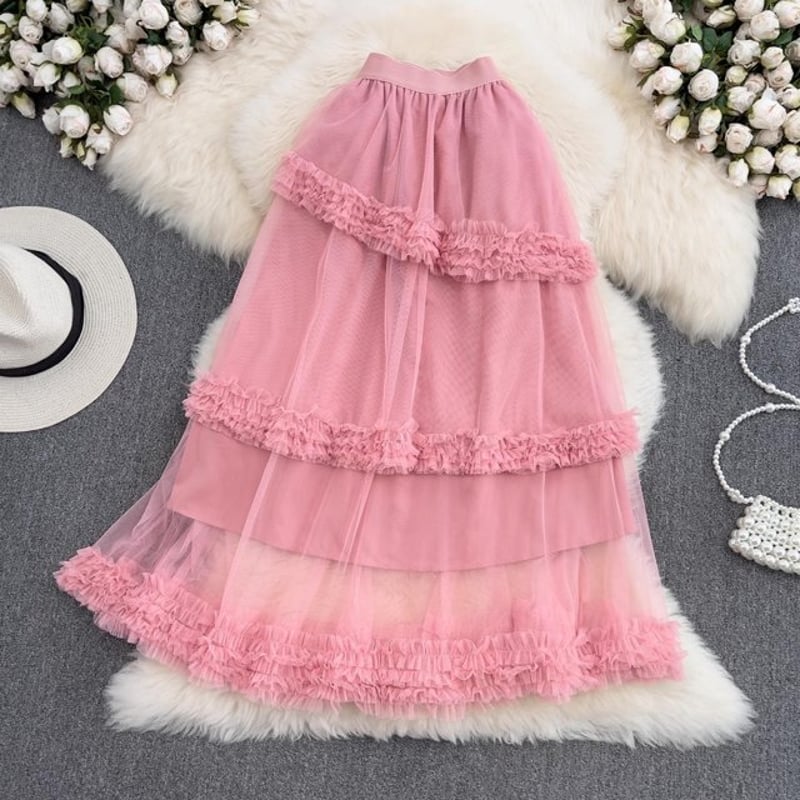 Prima Ballerina チュールレイヤードスカート　ピンク シアーフリルレイヤードボリュームチュールスカート ピンク