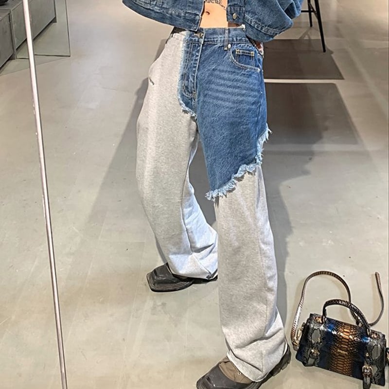 異素材 ドッキング デニムスウェットパンツ 切り替え デニム 