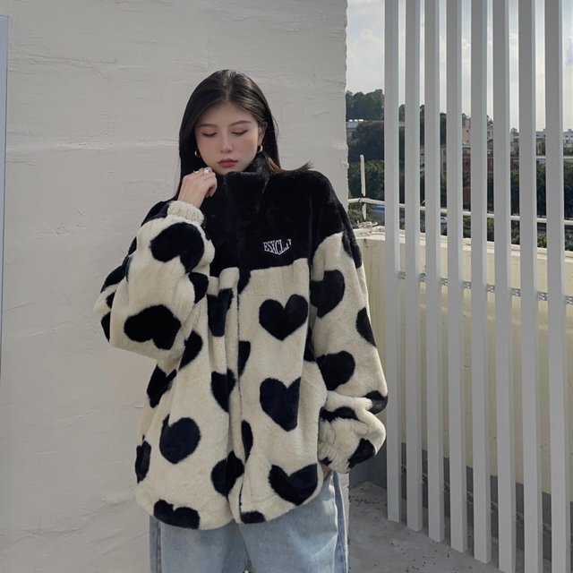 ハート柄 フリースジャケット フェイクファージャンパー ジャケット
