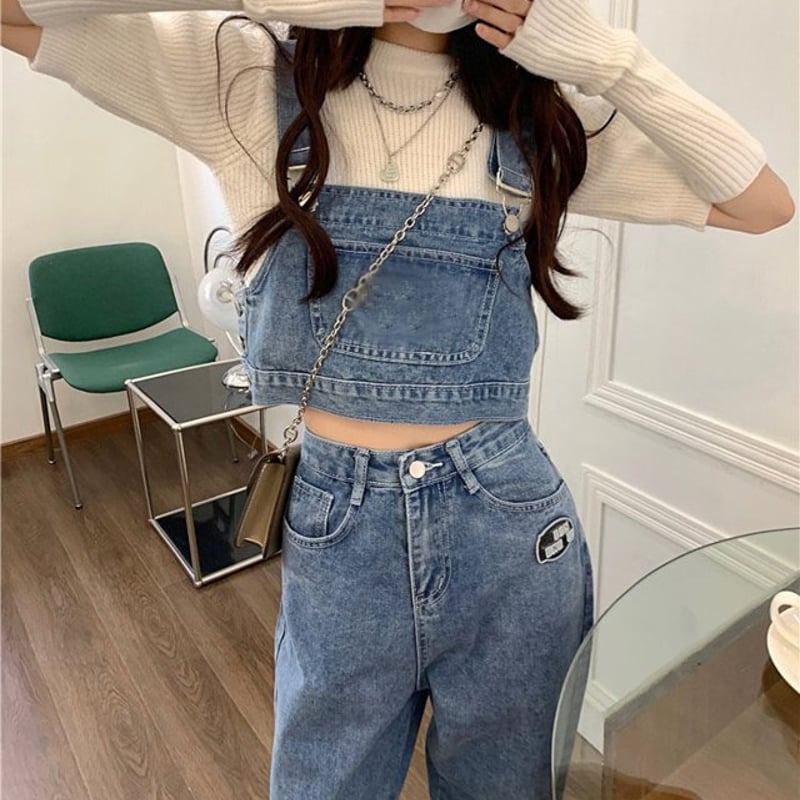 2点セット】デニム ビスチェ＋ジーンズ＋半袖リブニット