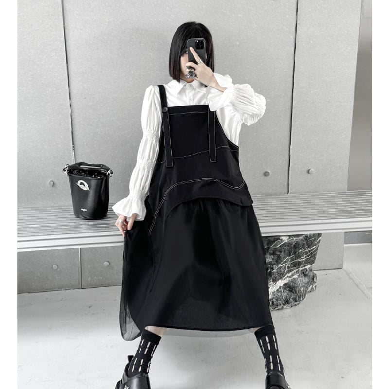 メッシュサスペンダースカートワンピース サスペンダーワンピース