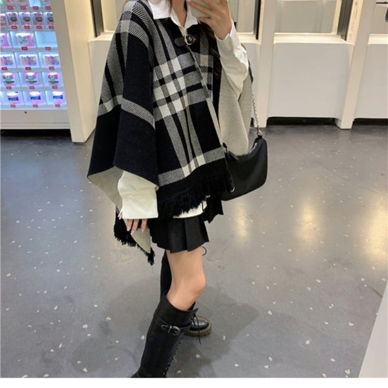 チェック柄ニットケープ ポンチョ ケープ ミリタリー風 チェック柄ニットケープ ポンチョ ケープ ミリタリー風