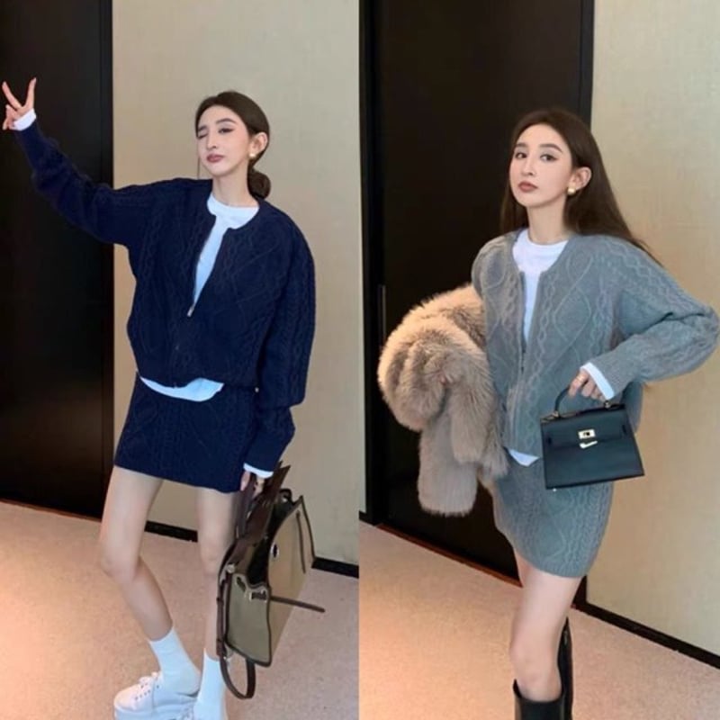 セットアップ】ケーブル編み ニットカーディガン＋ニットスカート