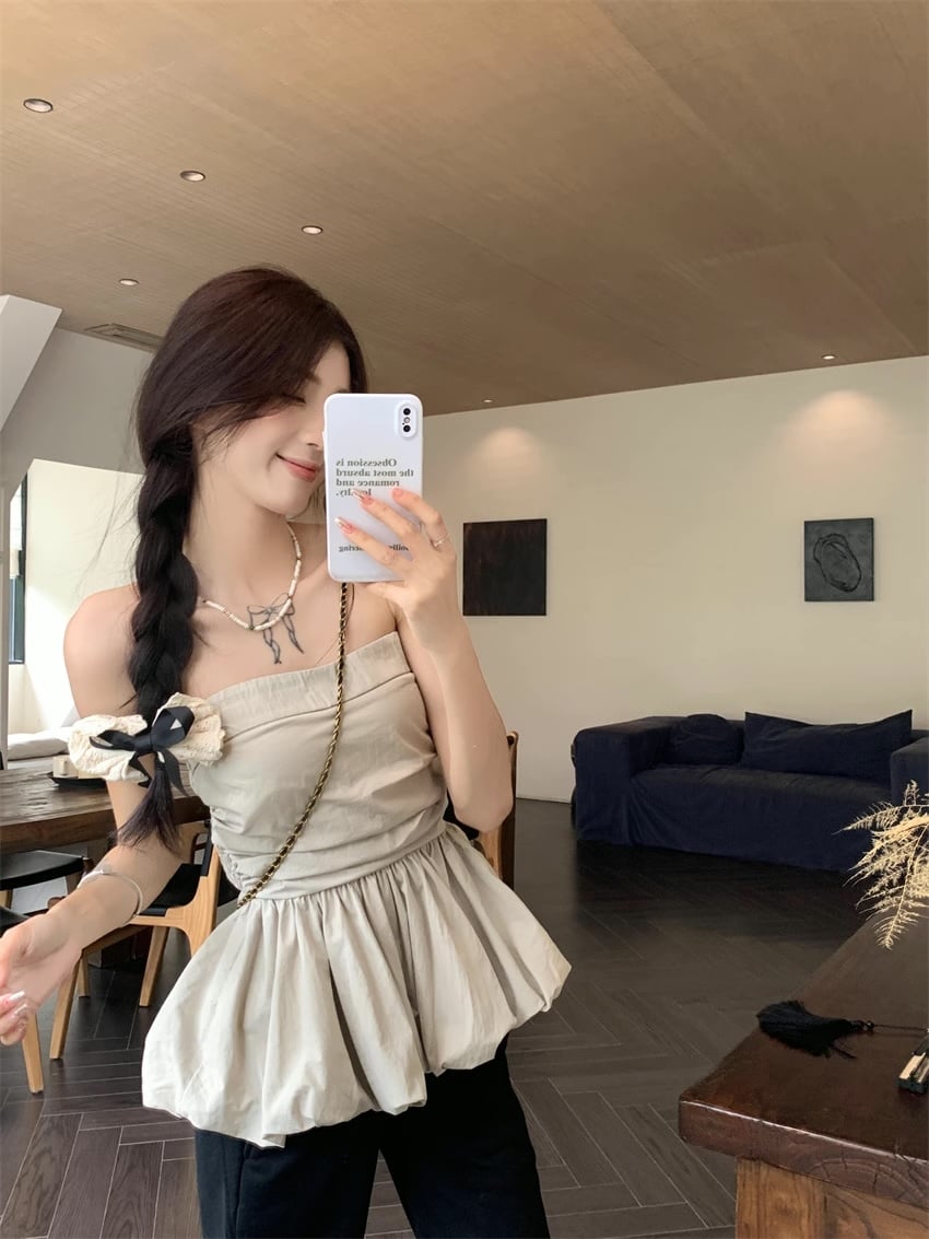 ペプラムチューブトップ ギンガムチェック ペプラムトップス