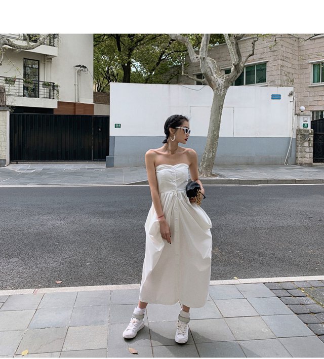 ベアトップワンピース フレア ベアロングワンピース ドレス モード  