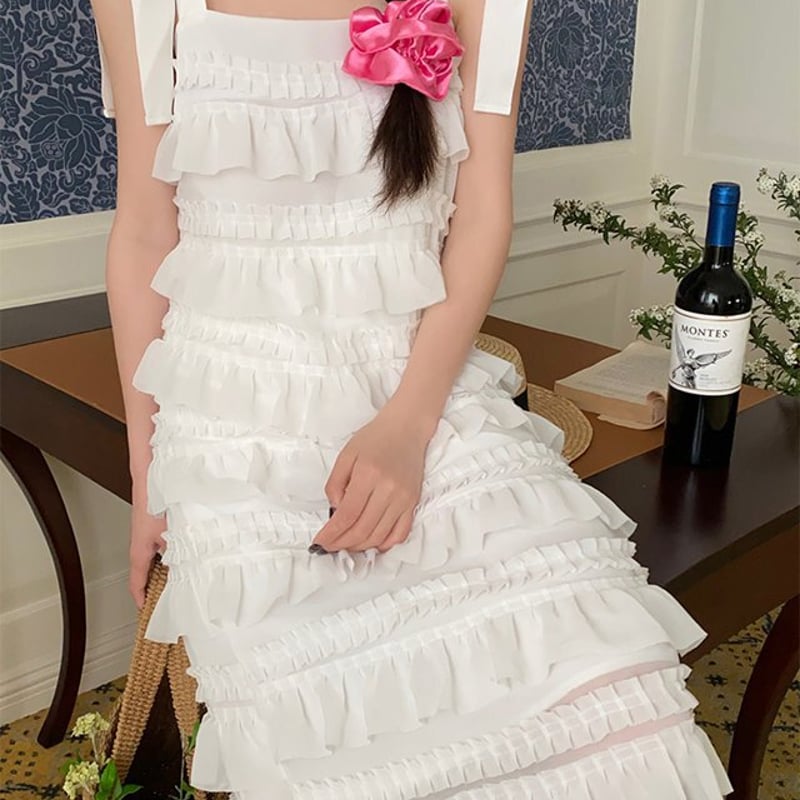 ティアードワンピース 肩紐リボン フリルワンピース ワンピース ドレス