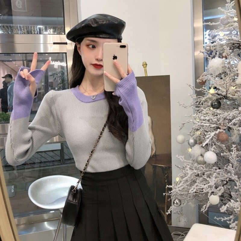 バイカラースリーブ リブニットセーター ボトミングシャツ