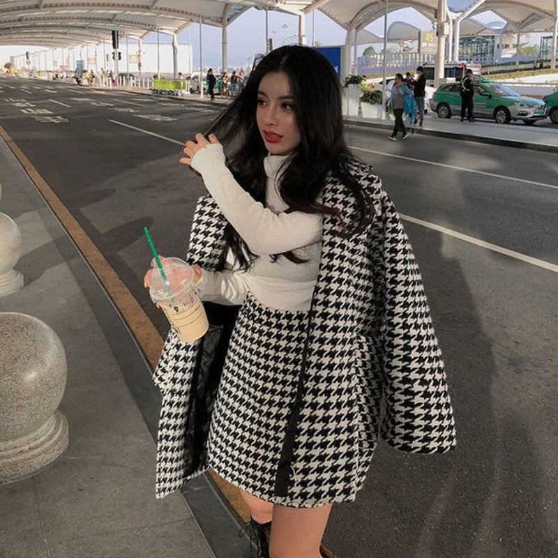 セットアップ】千鳥格子 ウールコート＋ハイウエストスカート チェック