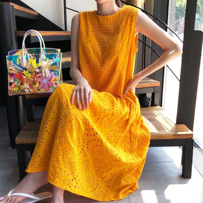 イエロー レース ノースリーブ ロングワンピース